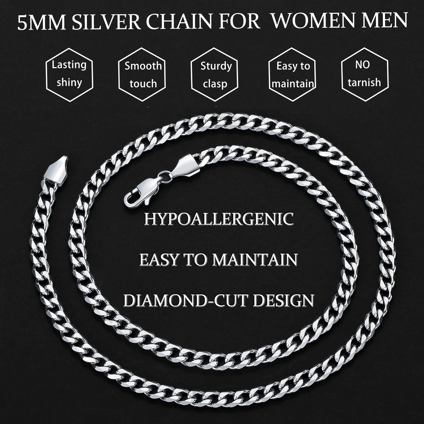 Vrthnx 3.5mm Silver Chains for Men, 14K Gold Plated Mens Necklace Chains Stainless Steel